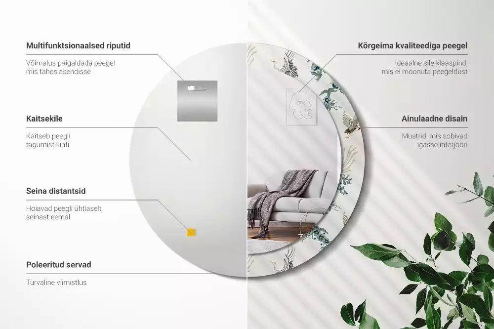 Miroir rond cadre avec impression Oiseaux chinois