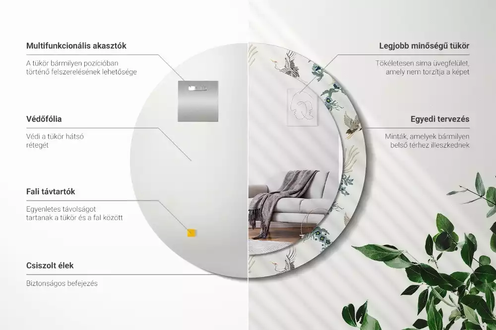 Miroir rond cadre avec impression Oiseaux chinois