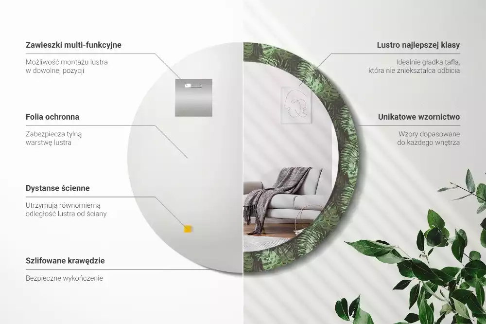 Miroir rond avec décoration Feuilles tropicales