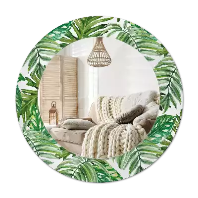 Miroir rond cadre avec impression Feuilles de jungle