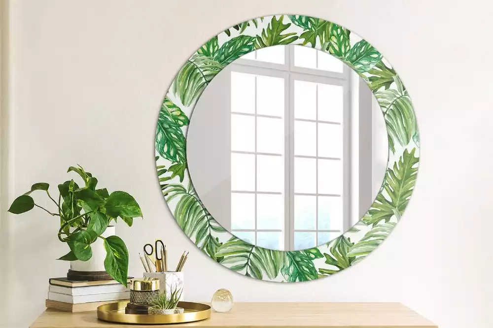 Miroir rond cadre avec impression Feuilles de jungle
