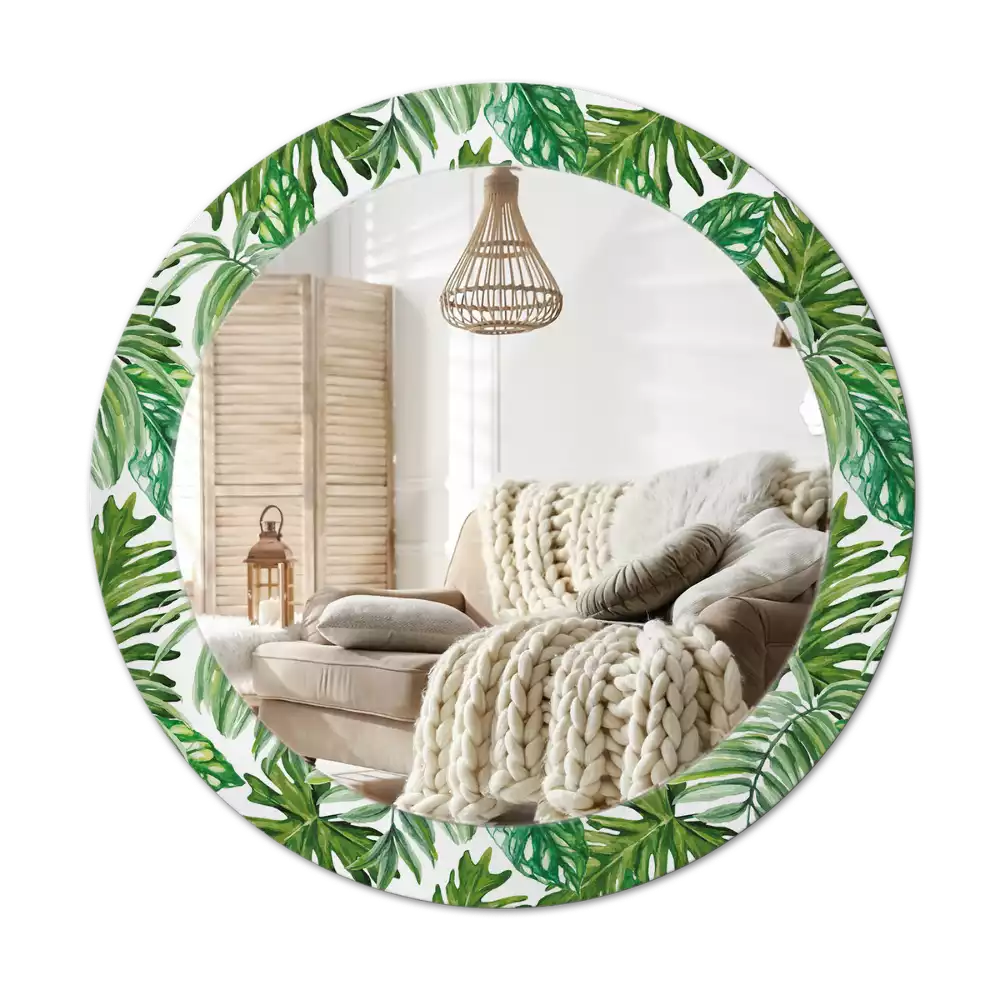 Miroir rond cadre avec impression Feuilles de jungle