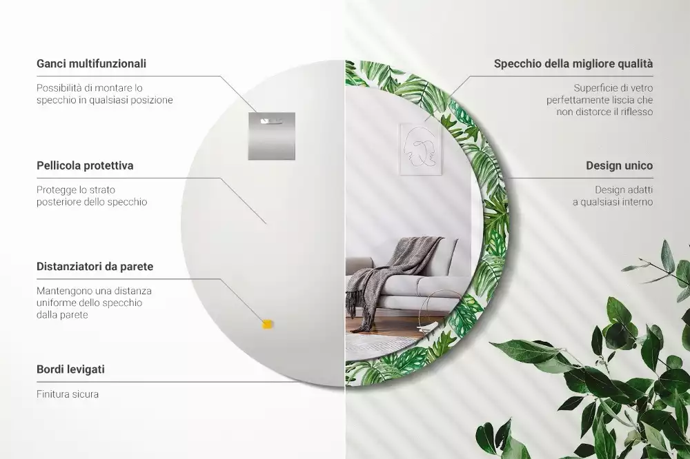 Miroir rond cadre avec impression Feuilles de jungle