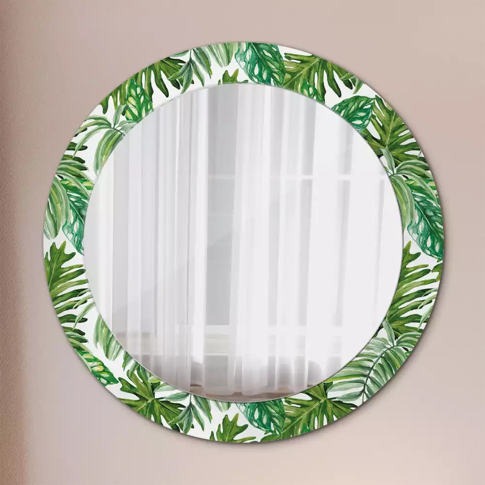 Miroir rond cadre avec impression Feuilles de jungle
