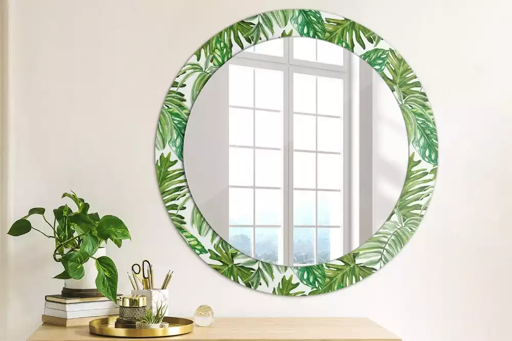 Miroir rond cadre avec impression Feuilles de jungle