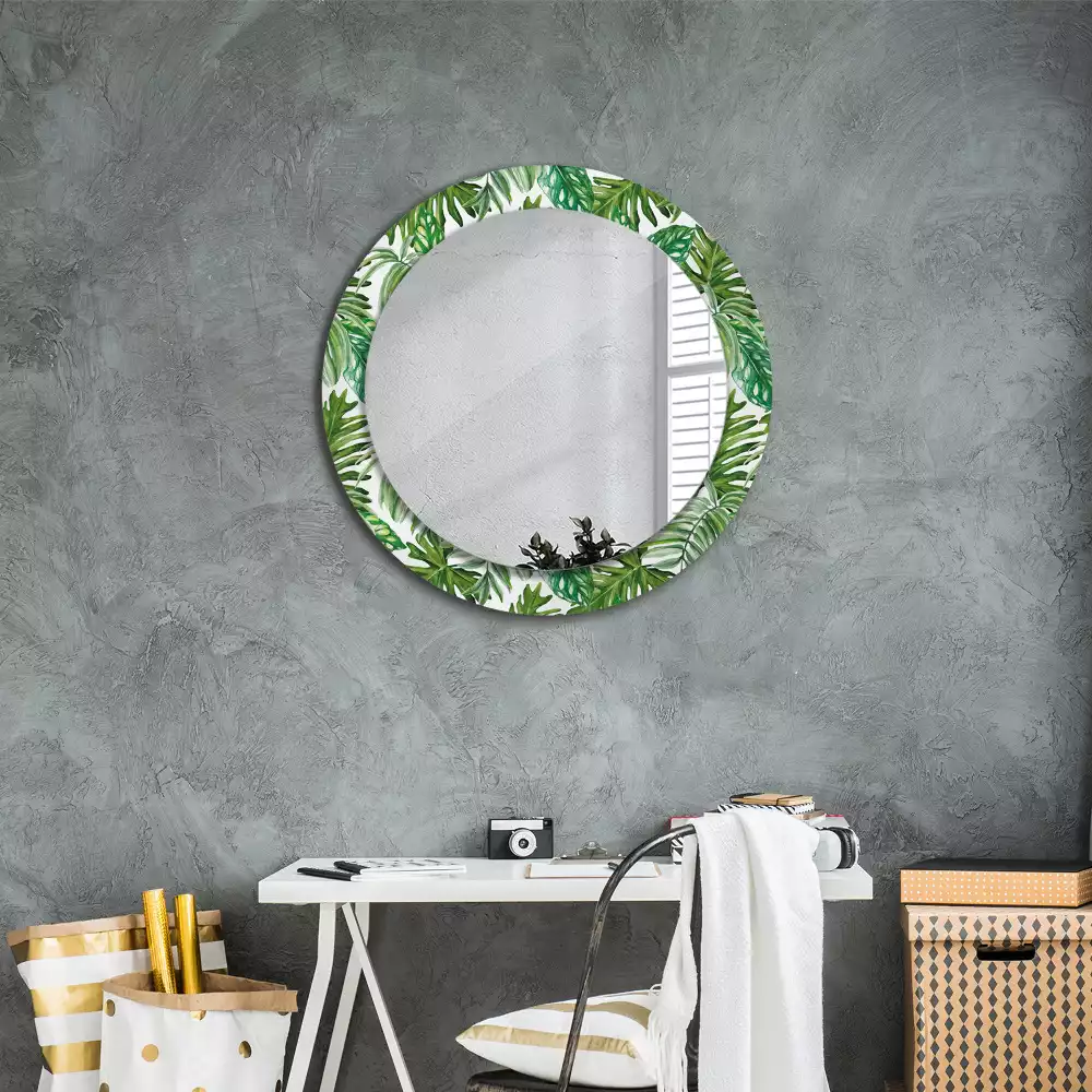 Miroir rond cadre avec impression Feuilles de jungle