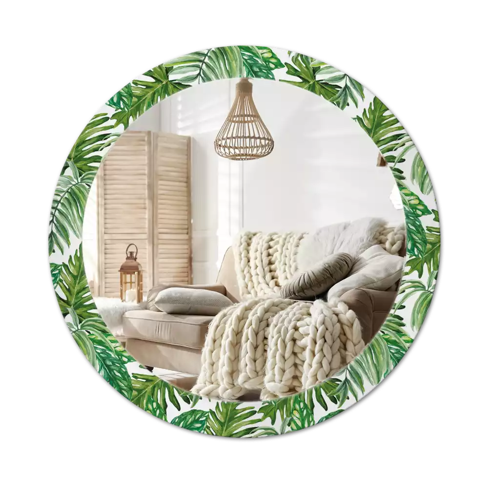 Miroir rond cadre avec impression Feuilles de jungle
