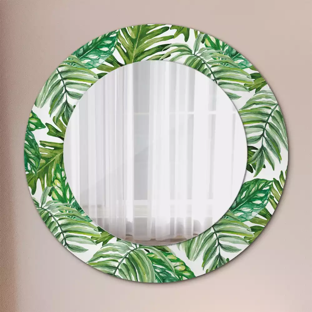 Miroir rond cadre avec impression Feuilles de jungle