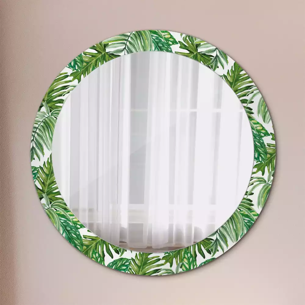 Miroir rond cadre avec impression Feuilles de jungle