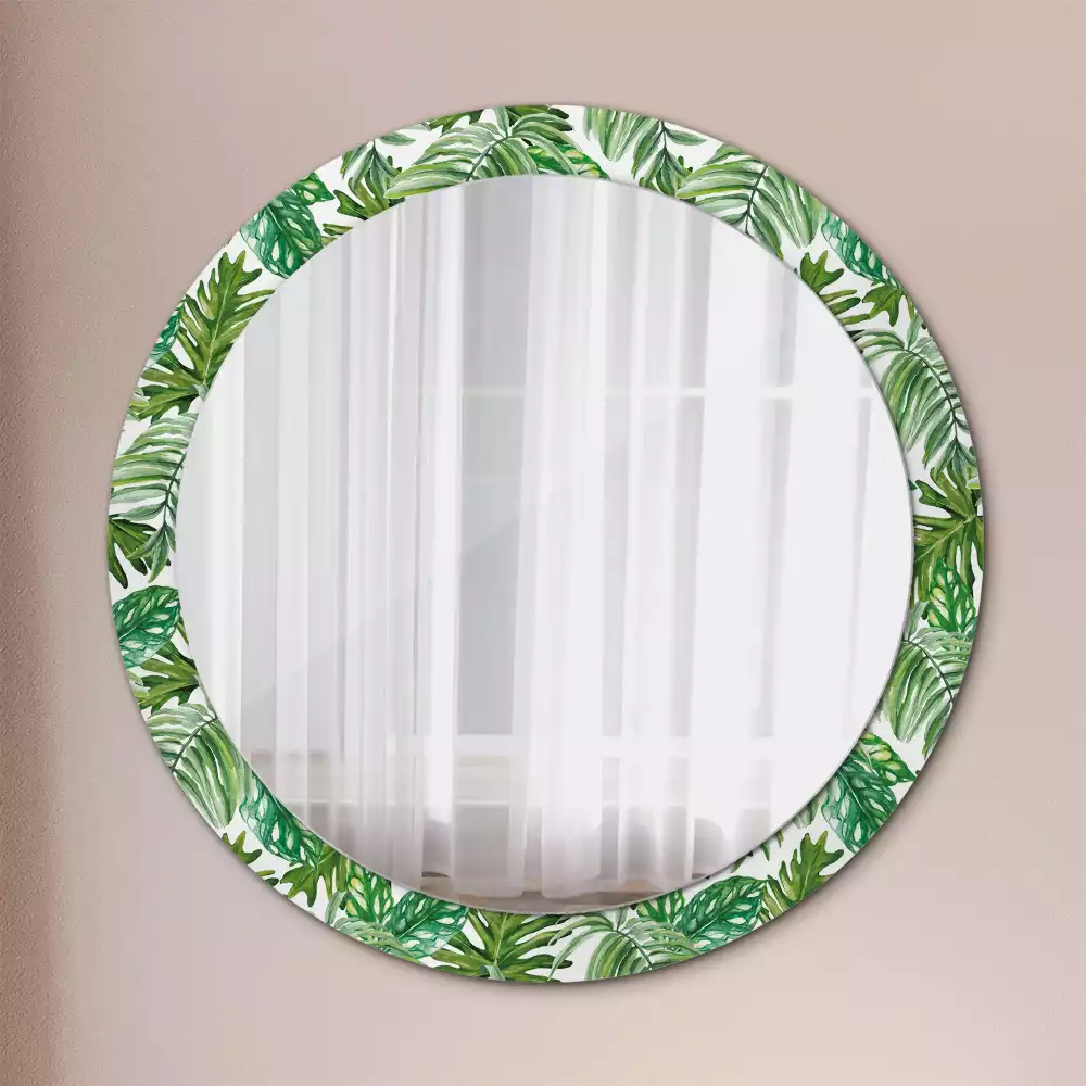 Miroir rond cadre avec impression Feuilles de jungle