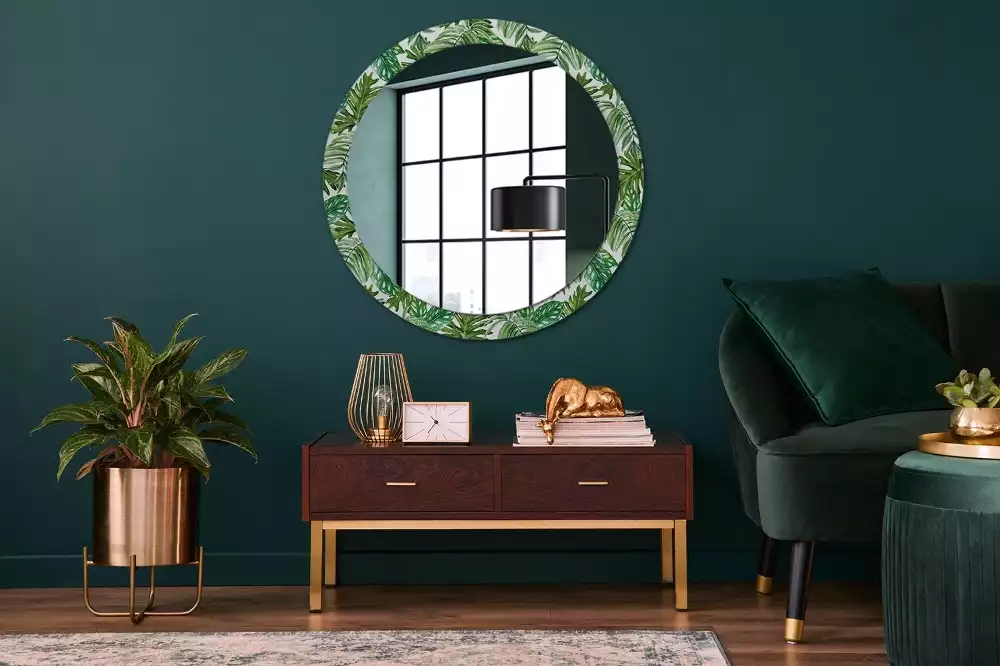 Miroir rond cadre avec impression Feuilles de jungle