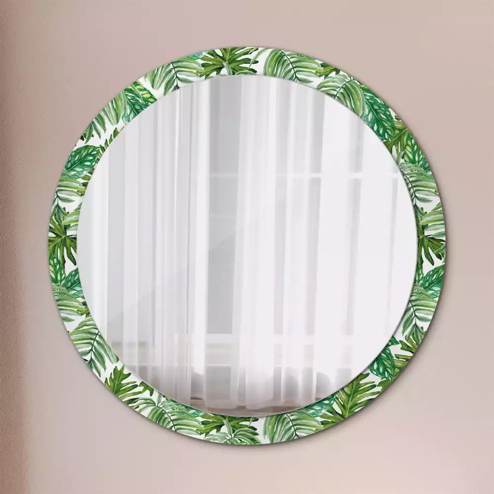 Miroir rond cadre avec impression Feuilles de jungle
