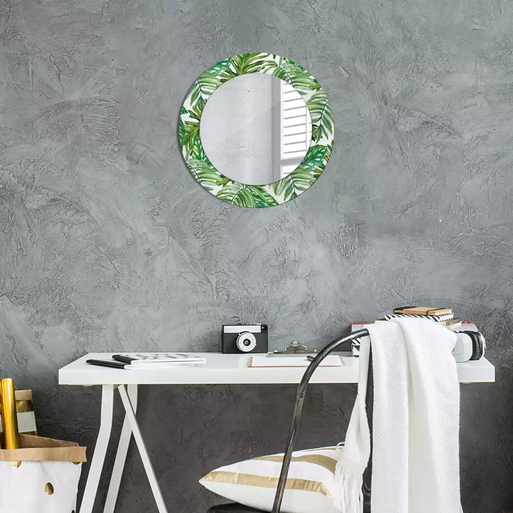 Miroir rond cadre avec impression Feuilles de jungle