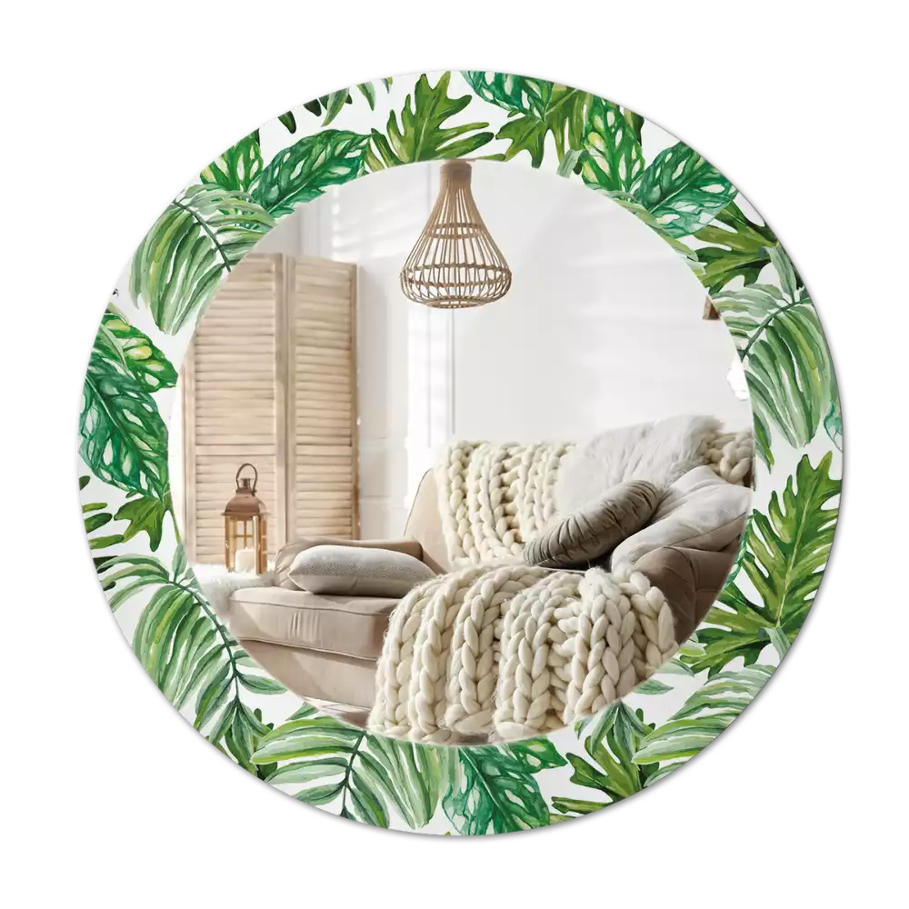 Miroir rond cadre avec impression Feuilles de jungle