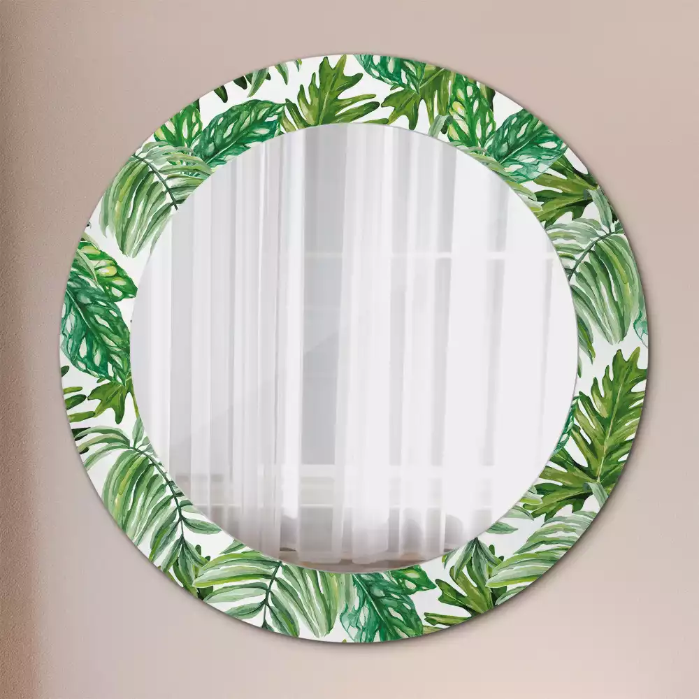 Miroir rond cadre avec impression Feuilles de jungle