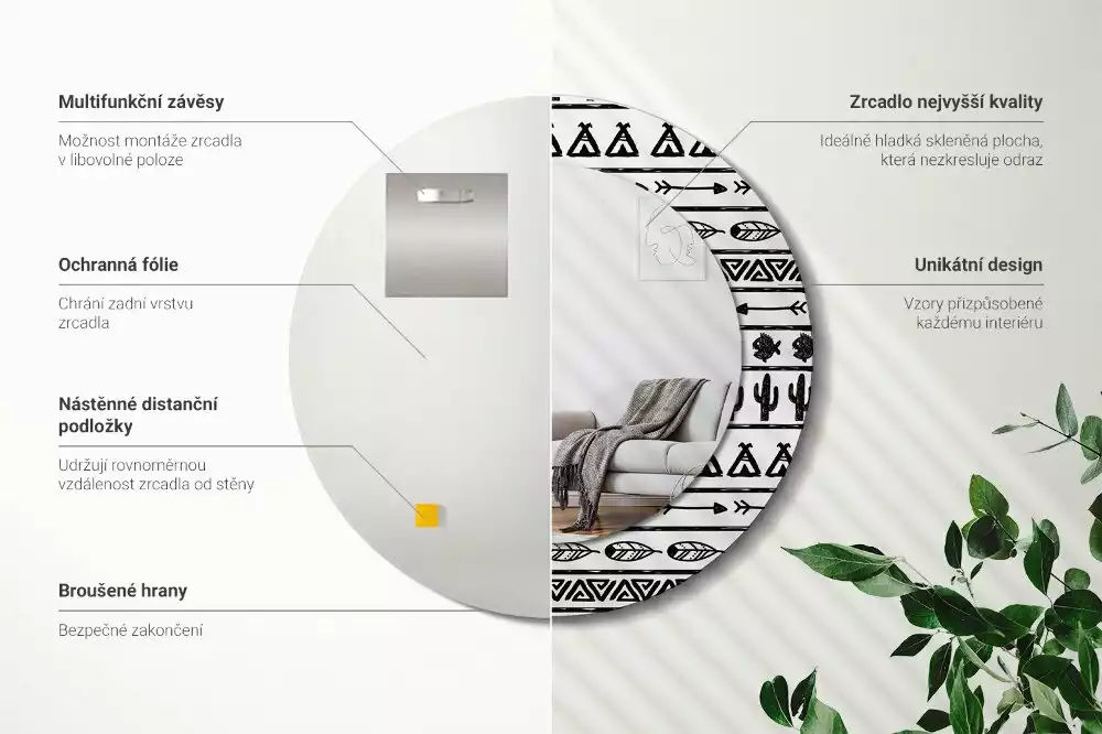 Miroir rond imprimé Boho minimaliste