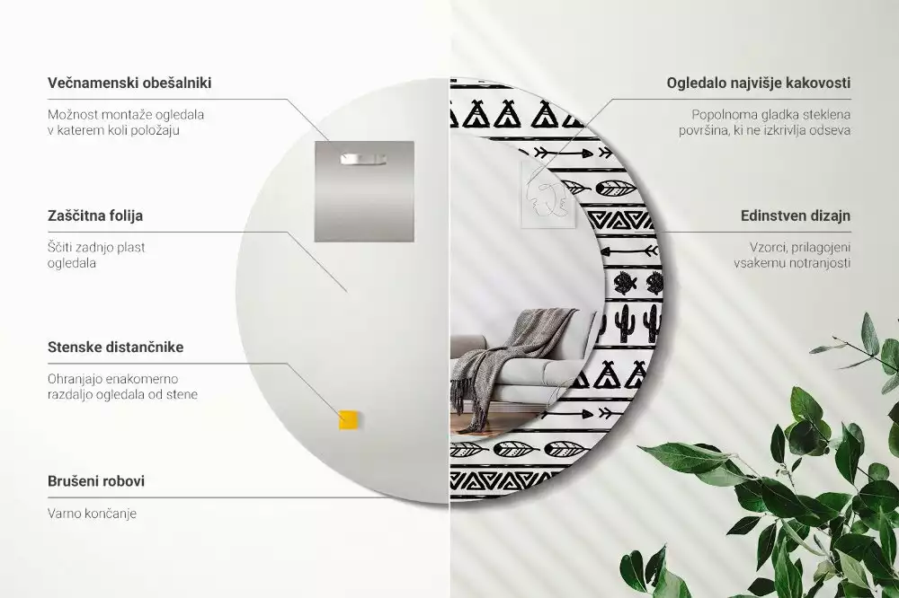 Miroir rond imprimé Boho minimaliste