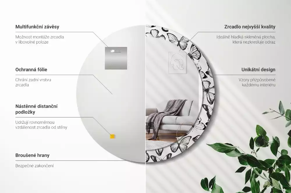 Miroir rond cadre avec impression Papillons