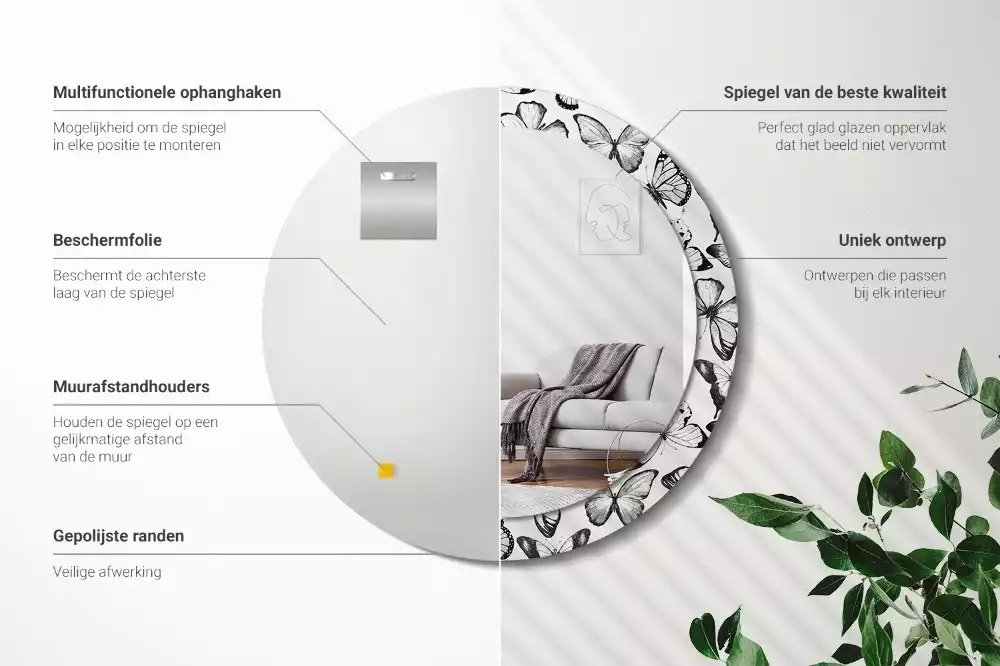 Miroir rond cadre avec impression Papillons