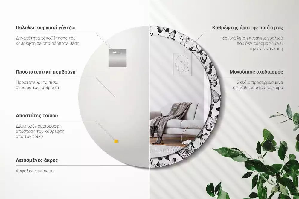 Miroir rond cadre avec impression Papillons