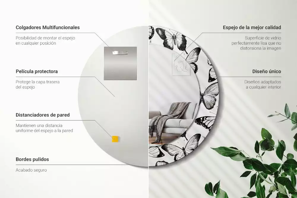 Miroir rond cadre avec impression Papillons