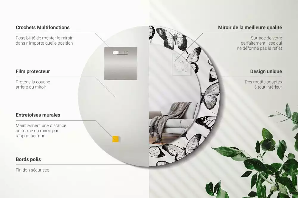 Miroir rond cadre avec impression Papillons