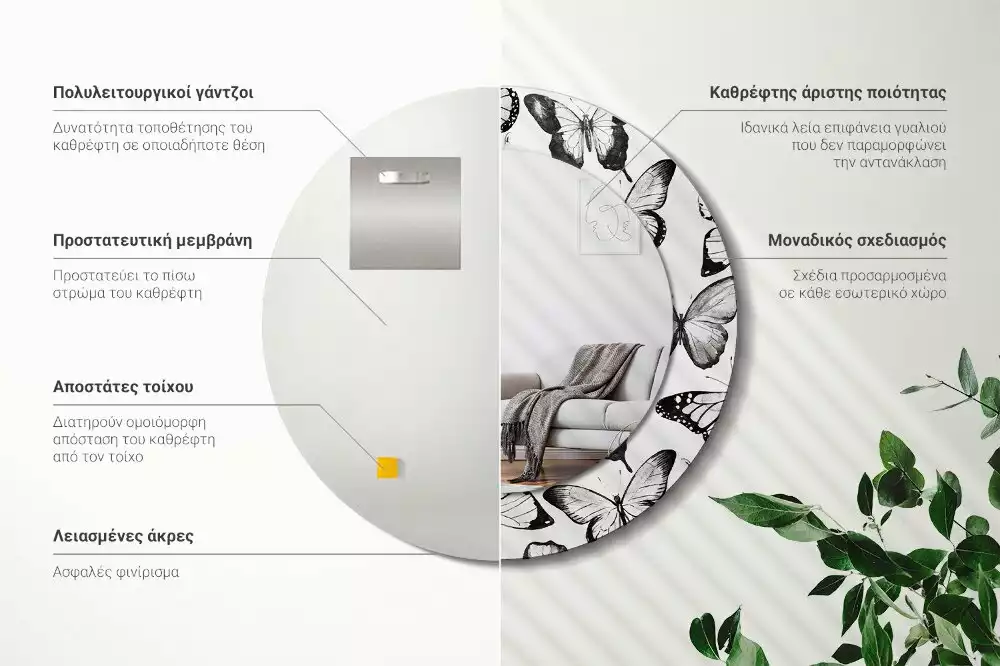 Miroir rond cadre avec impression Papillons