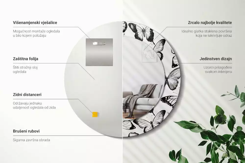 Miroir rond cadre avec impression Papillons