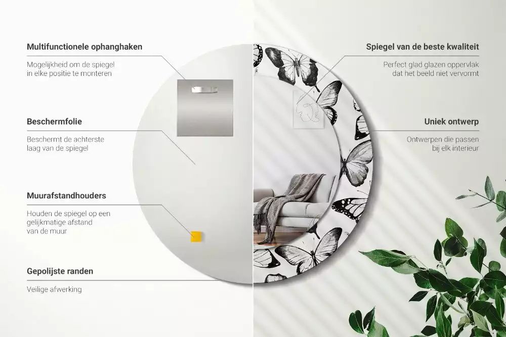 Miroir rond cadre avec impression Papillons