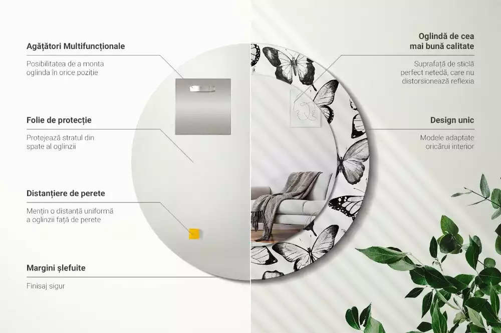Miroir rond cadre avec impression Papillons