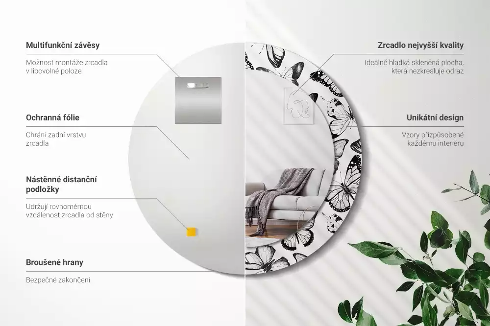 Miroir rond cadre avec impression Papillons