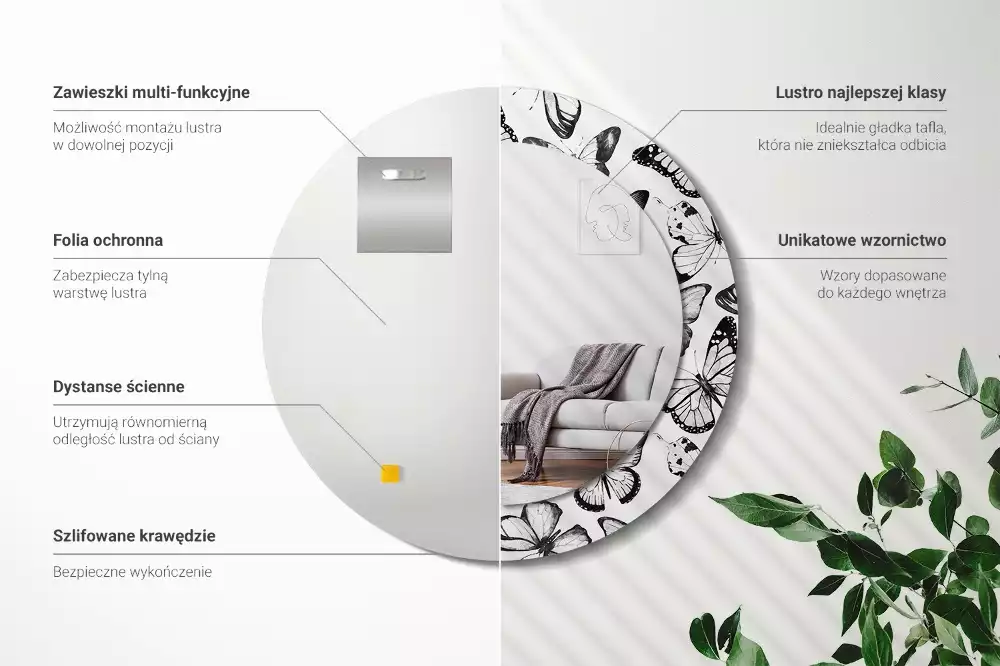 Miroir rond cadre avec impression Papillons