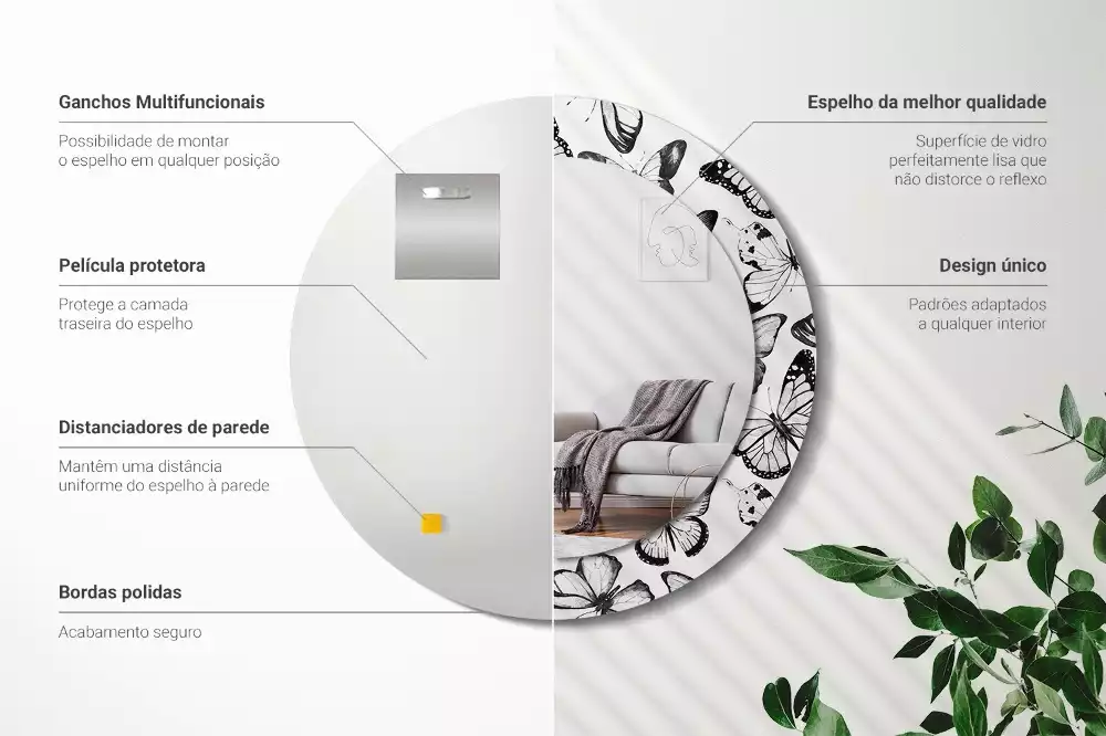 Miroir rond cadre avec impression Papillons