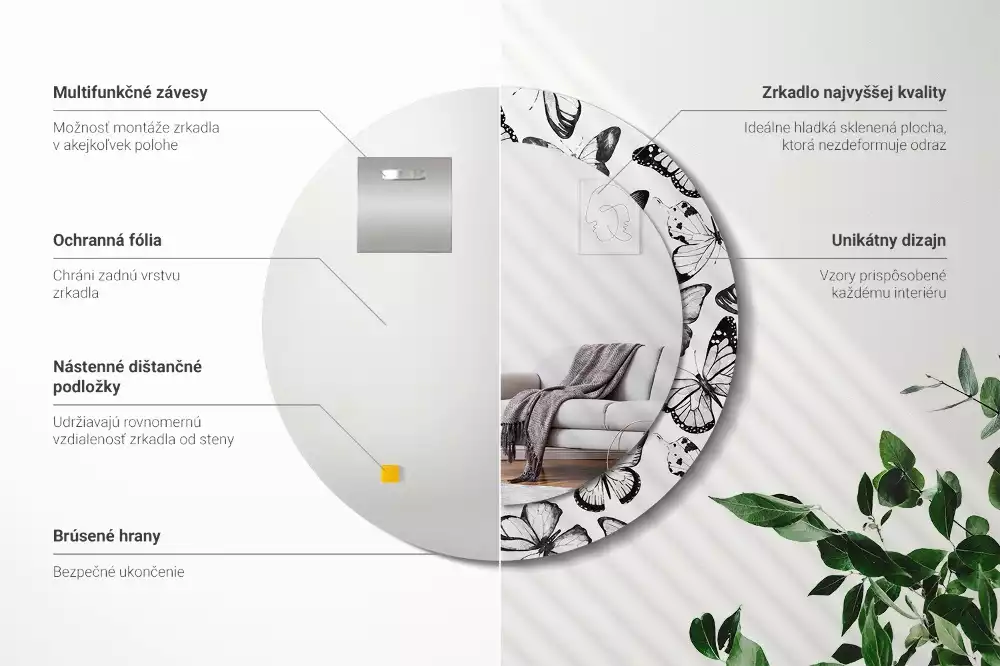 Miroir rond cadre avec impression Papillons