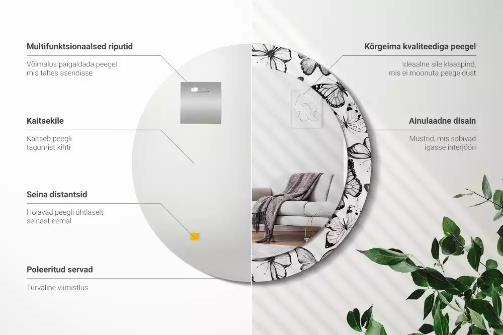 Miroir rond cadre avec impression Papillons