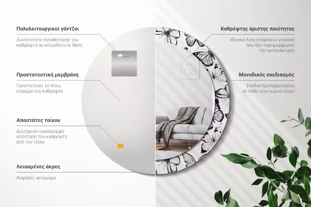 Miroir rond cadre avec impression Papillons