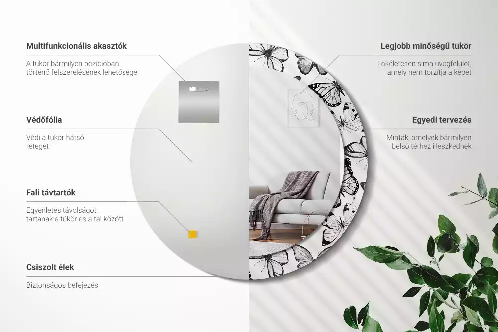 Miroir rond cadre avec impression Papillons