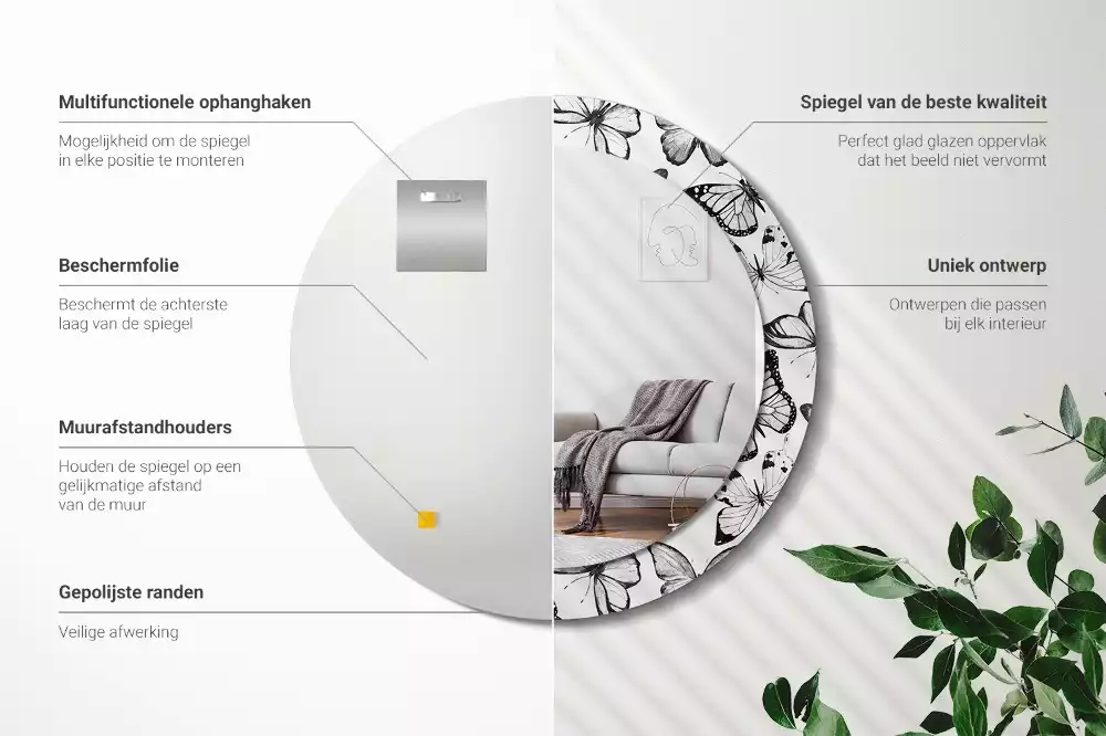 Miroir rond cadre avec impression Papillons