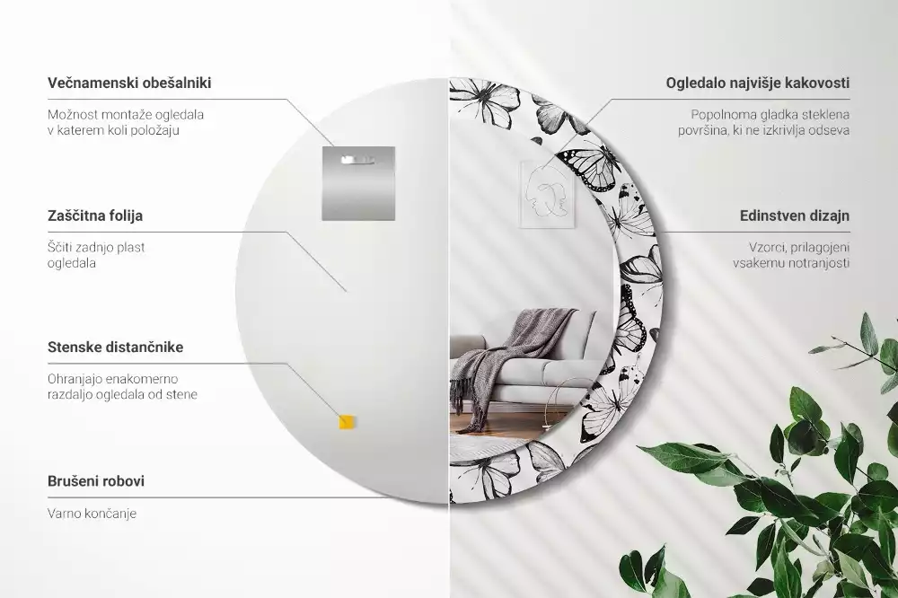 Miroir rond cadre avec impression Papillons