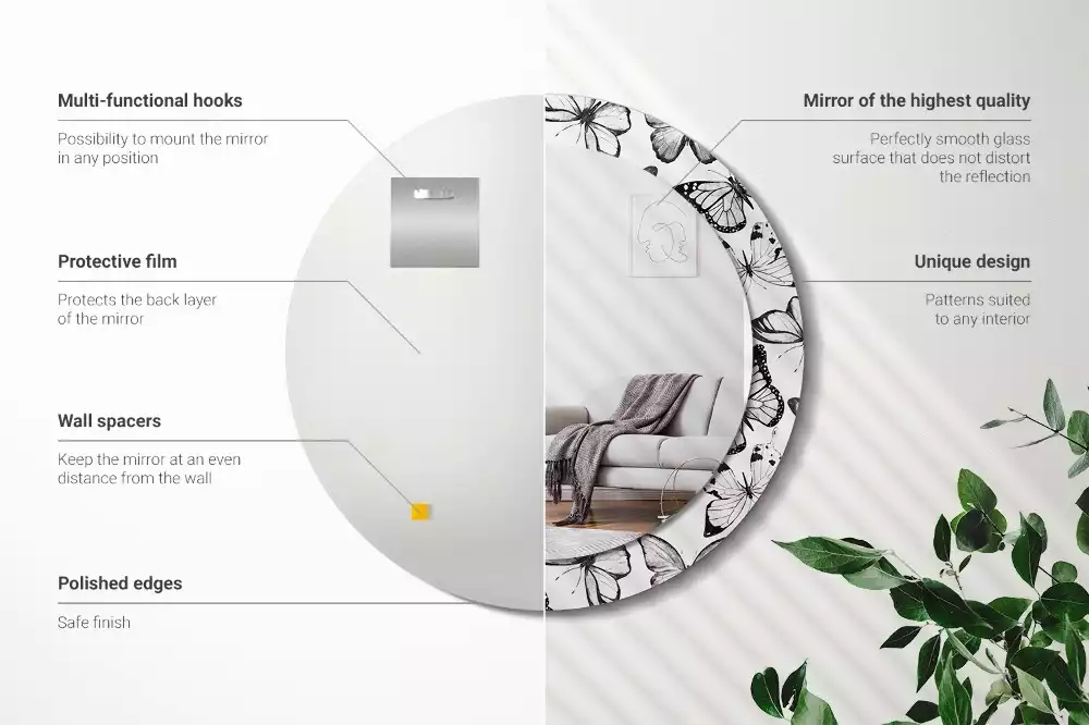 Miroir rond cadre avec impression Papillons