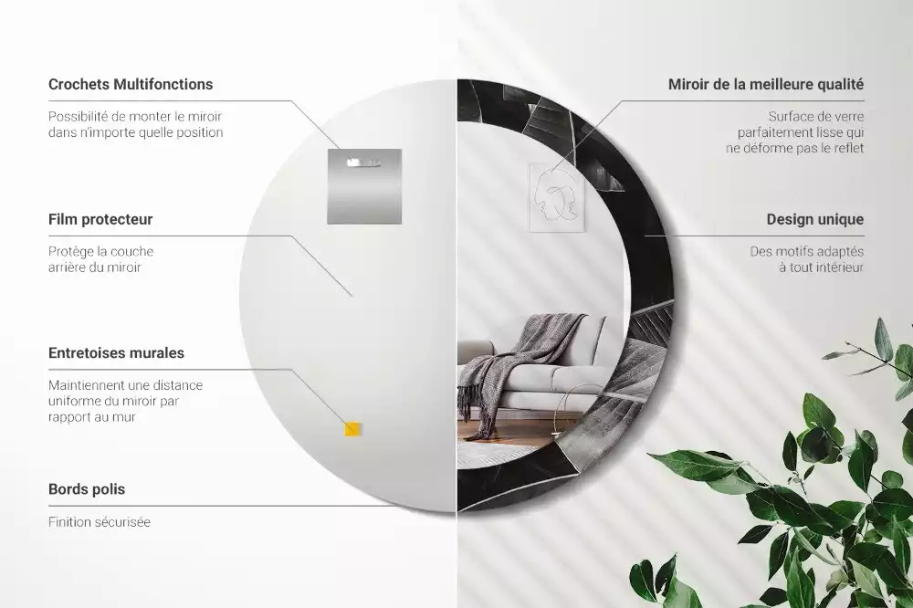 Miroir rond cadre avec impression Palmiers tropicaux