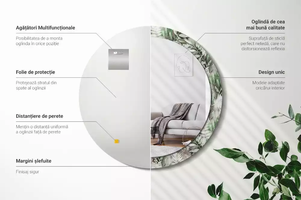 Miroir rond avec décoration Feuilles aquarelles