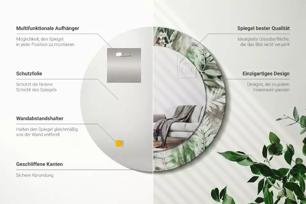 Miroir rond avec décoration Feuilles aquarelles