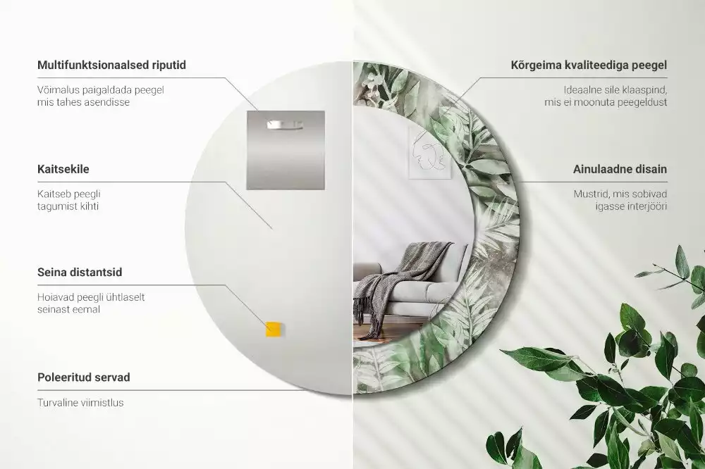 Miroir rond avec décoration Feuilles aquarelles