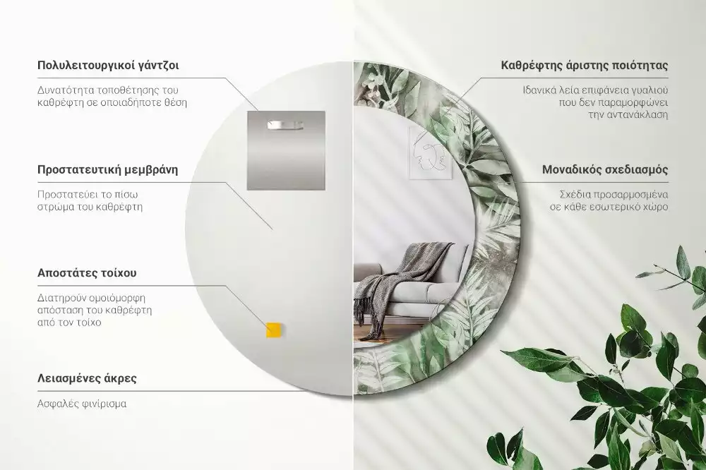Miroir rond avec décoration Feuilles aquarelles