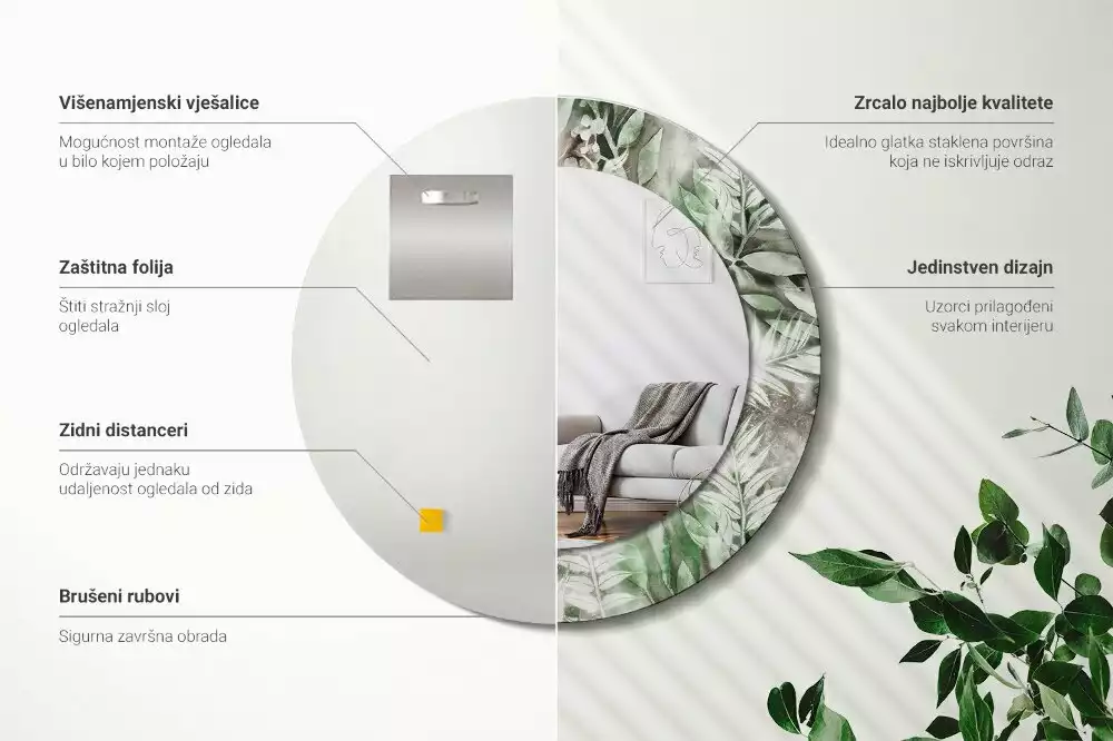 Miroir rond avec décoration Feuilles aquarelles