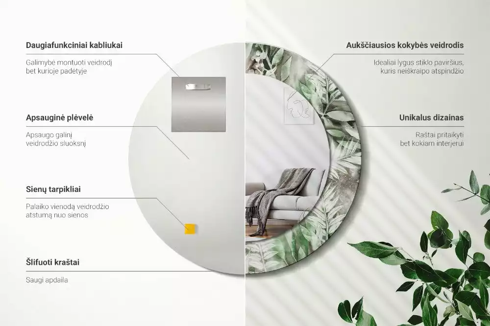 Miroir rond avec décoration Feuilles aquarelles