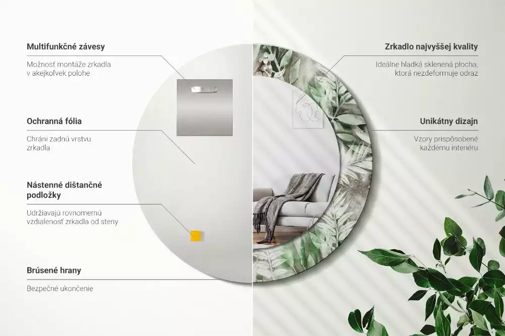 Miroir rond avec décoration Feuilles aquarelles