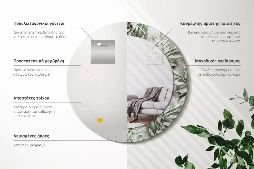 Miroir rond avec décoration Feuilles aquarelles