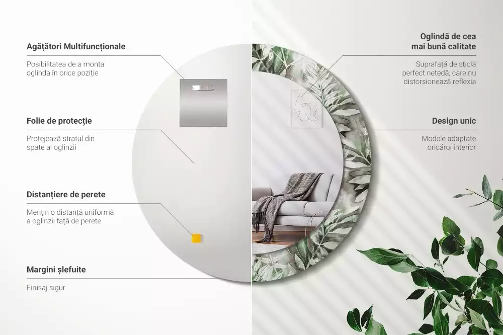 Miroir rond avec décoration Feuilles aquarelles